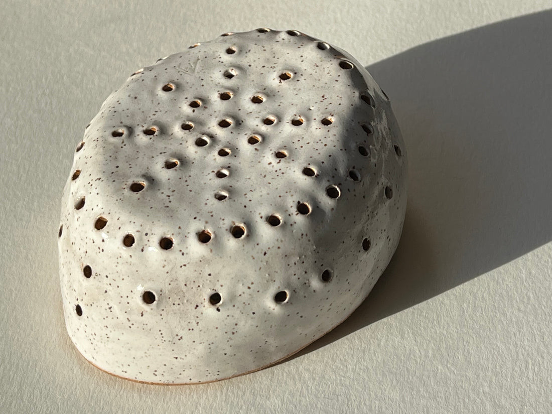 Hand Built Ceramic Colander - Berry Strainer (Speckled White)