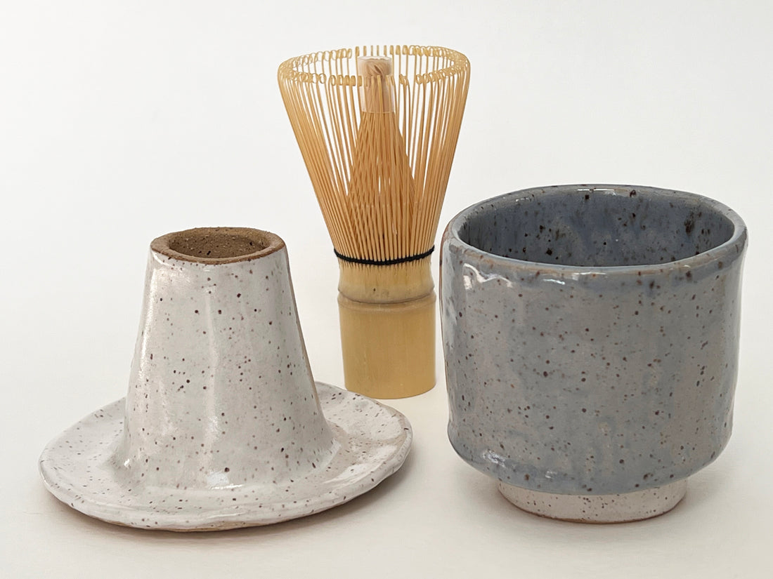 Hand built Ceramic Matcha Tea Cup with Bamboo Whisk + Stand - Set
