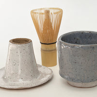 Hand built Ceramic Matcha Tea Cup with Bamboo Whisk + Stand - Set
