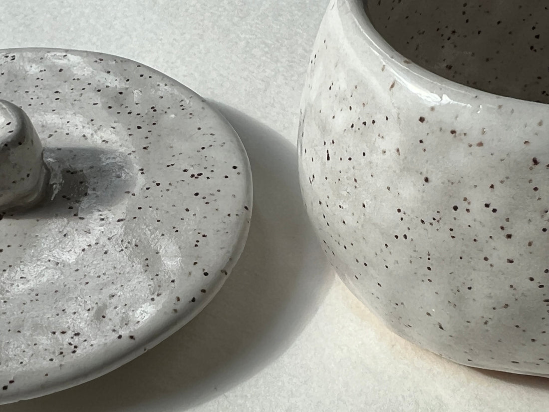 Small White Ceramic Jar with Lid in Speckled Clay